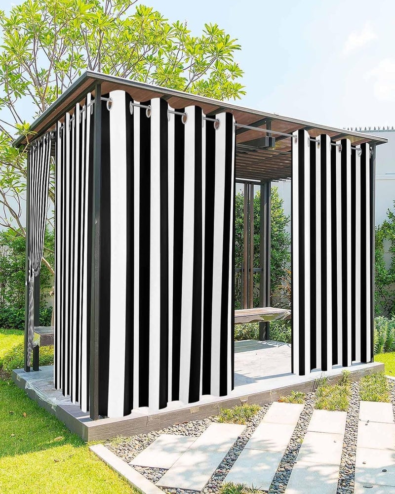 BABE MAPS Outdoor Curtains for Patio Black and White Stripe Waterproof Privacy Outside Curtains Grommet Top Pergola Curtains for Porch Cabana Gazebo 2 Panels, 54 x 84 inch - Image 1
